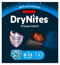 Load image into Gallery viewer, Huggies DryNites Bedwetting Pyjama Nappy Pants, Boy Age 8-13 (30-48 kg) 9 pants