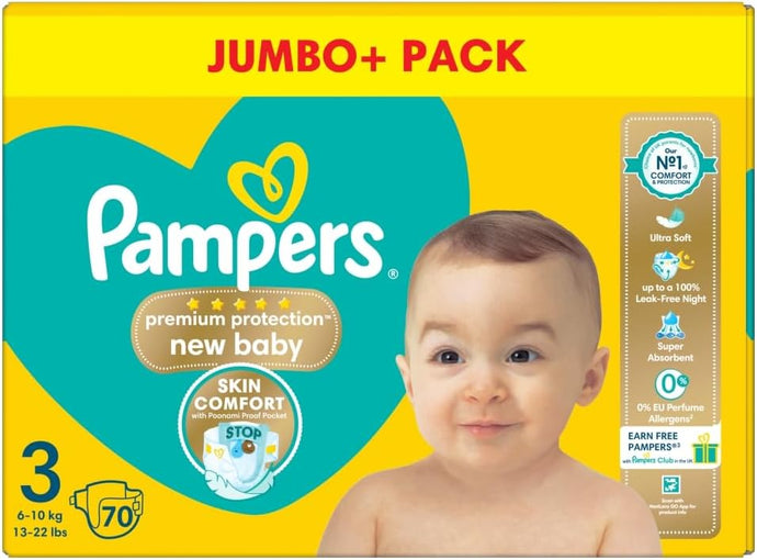 Pampers New Baby Size 3, Jumbo+ Pack, 70 Nappies, 6kg-10kg