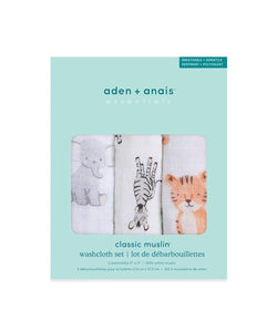 Aden + Anais Essentials Cotton Muslin Washcloths, 3 Pack -Safari Babes
