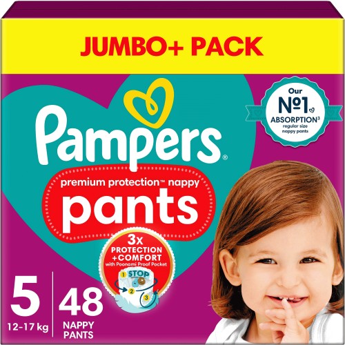 Pampers Premium Active Fit Nappy Pants Size 5 Jumbo+ Pack, 12-17kg, 48 Pack