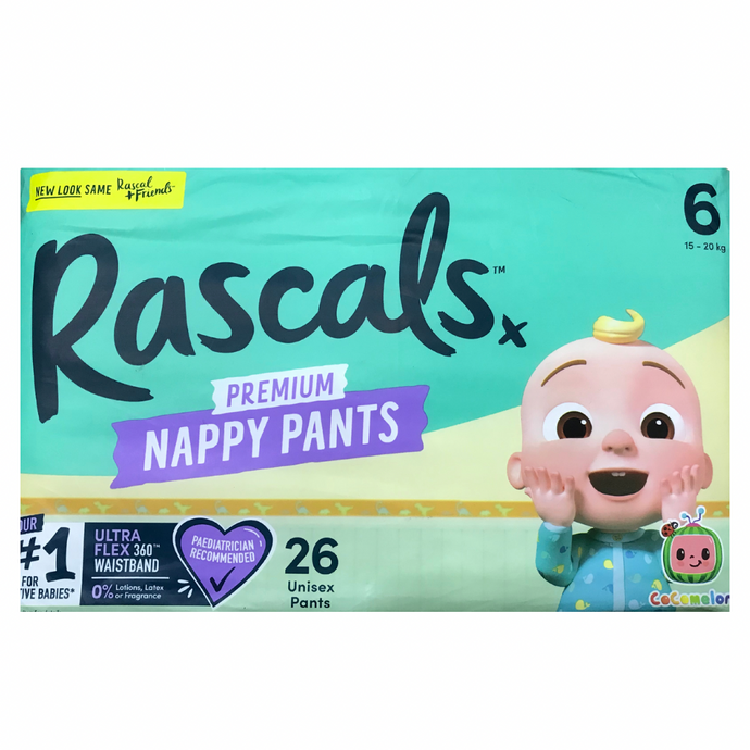 Rascal + Friends Cocomelon Premium Nappy Pants Size 6, 26Pack, 15-20kg (New Look)