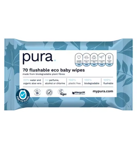 Pura Flushable 100% Plastic Free Biodegradable Baby Wipes 70 Pack