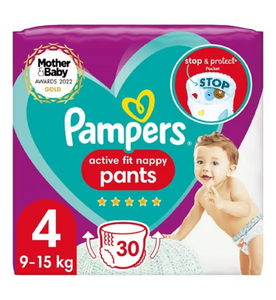 Pampers Active Fit Nappy Pants Size 4, 30 Nappies, 9-15kg, Essential Pack