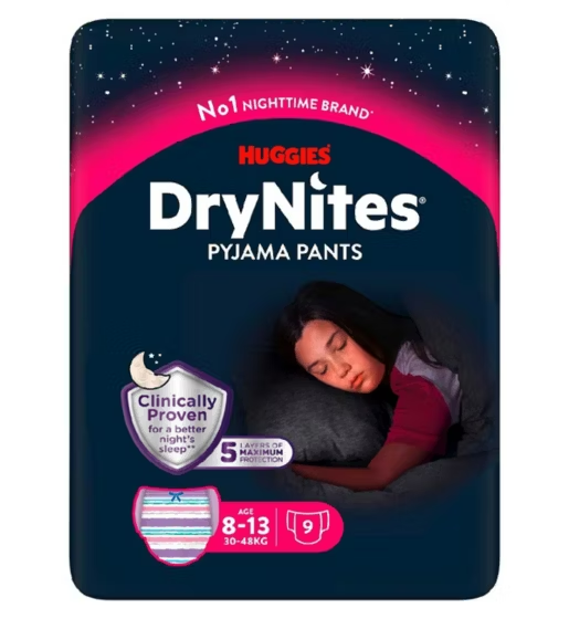Huggies DryNites Bedwetting Pyjama Pants Girl Age 8-13Years (30-48kg)9 Pants
