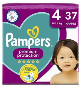 Pampers Premium Protection Size 4, 37 Nappies, 9-14kg, Essential Pack