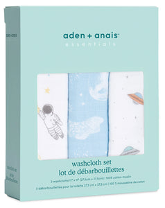 Aden + Anais Essentials Cotton Muslin Washcloths, 3 Pack -Space Explorers