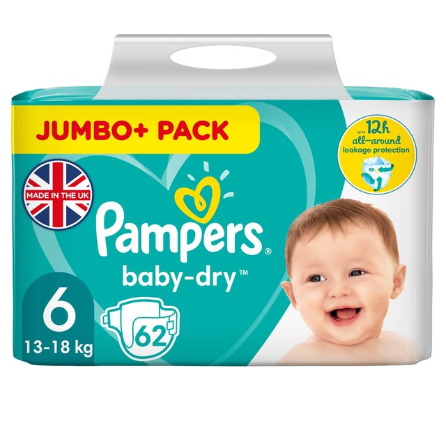 Pampers Baby Dry Size 6 Jumbo Pack- 62 Nappies, (13-18kg)