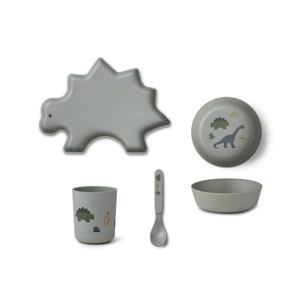 Bamboo Tableware Set – Dino Design / Dove Blue Mix
