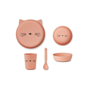 Bamboo Tableware Set - Cat Design / Rose Blush