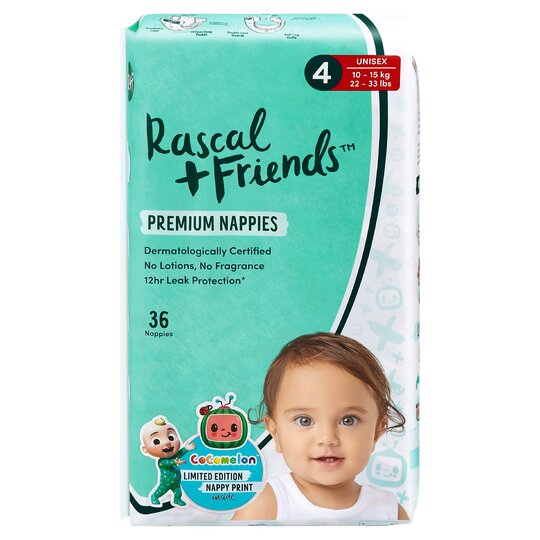 Rascal + Friends Cocomelon Premium Nappies Size 4, 36 Pack, 10-15kg