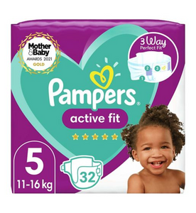 Pampers Active Fit Size 5, 32 Nappies 11-16kg, Essential Pack