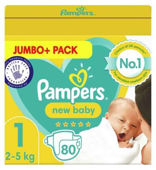 Pampers New Baby Size 1, 80 Nappies, Jumbo+ Pack, 2-5kg
